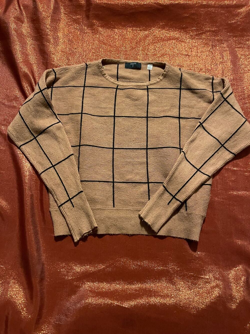 Tahari Sweater Womens M Ribbed Knit Windowpane Grid Crew Long Sleeve Tan Black